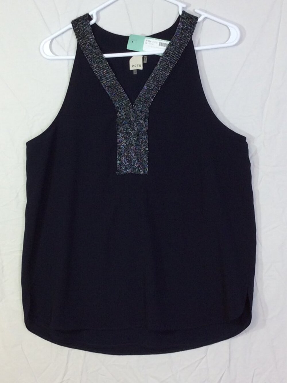 Ecru Navy Blue Sleeveless Blouse Top Embellished Bling Size M Lined NWT